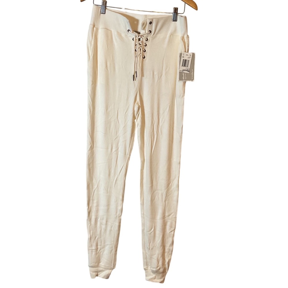 Vintage Havana Lounge Ribbed Lace Up Joggers Cream Off White Womens Large NEW